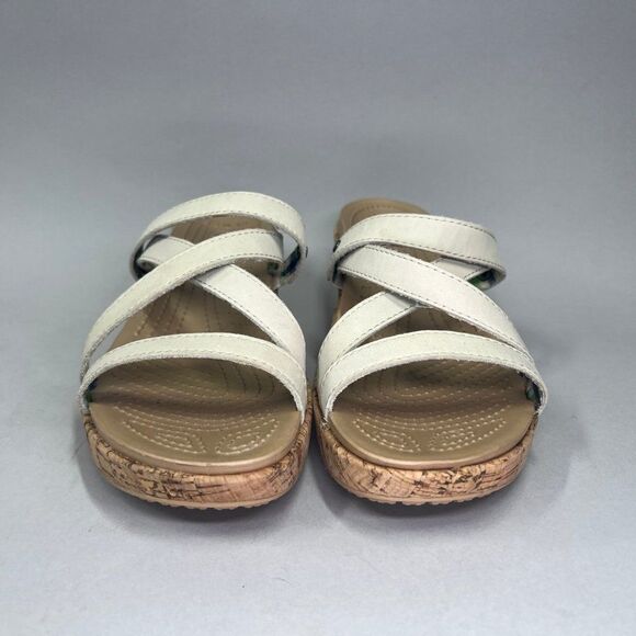 Crocs Women's‎ Size 9 A-Leigh Cream Leather Strap Cork Wedge Sandals - Picture 2 of 10